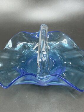 1980s Hand Blown Glass Blue Basket Dish Trinket Holder Clear Handle Folded Sides